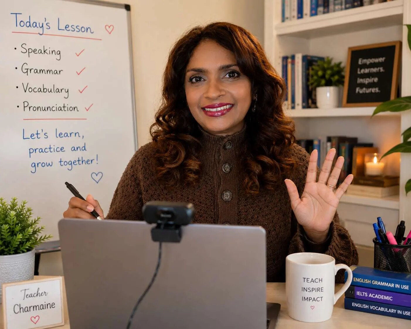 Teacher Charmaine welcoming learners from her online English classroom